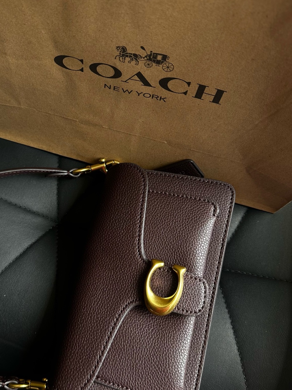 Coach Dark Brown Leather Wristlet with Gold Hardware